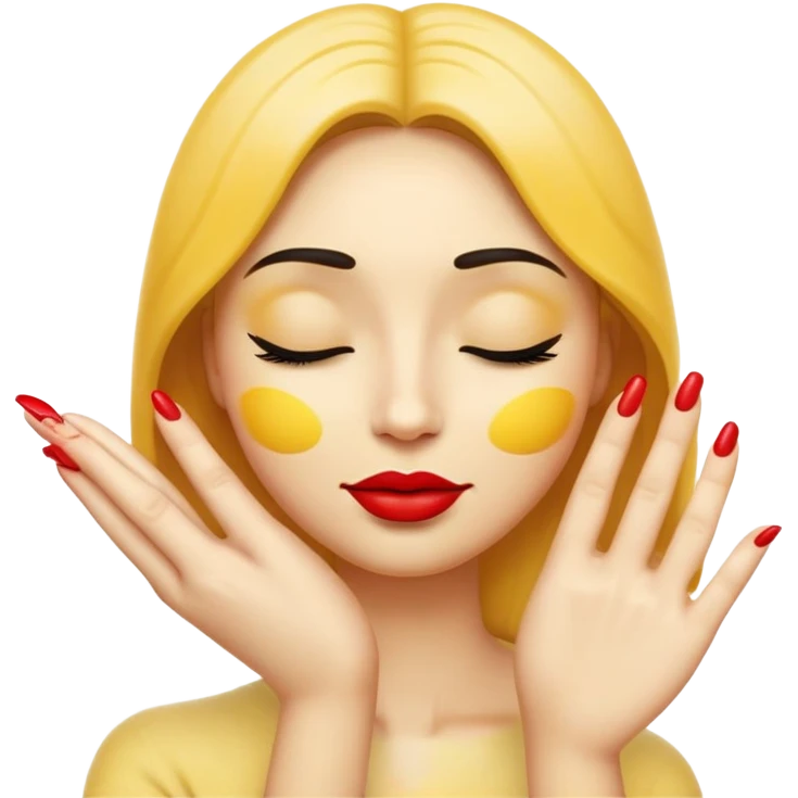 Standard yellow emoji face with closed eyes forming upward curved lines, visible eyelashes, pursed lips with red lipstick, and a hand showing only the thumb out with all other fingers closed against the palm, painted nails emoji