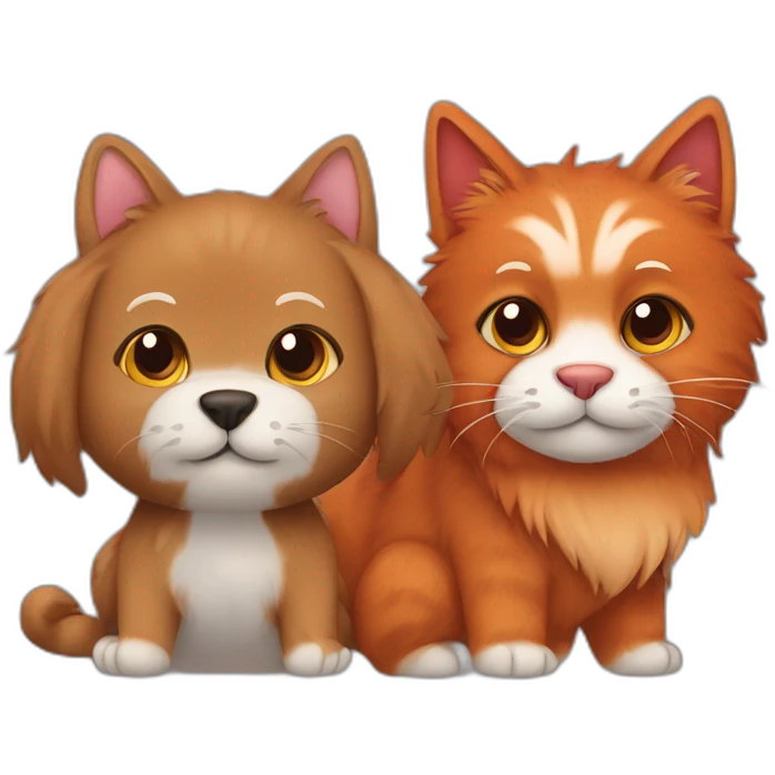 Brown furry dog and a red cat holding paws emoji