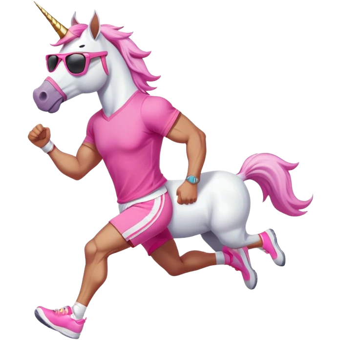 full body friendly anthropomorphised masculine unicorn with white horse-like face, muscular build, wearing pink t-shirt, shorts, trainers, dark sunglasses, running in a relaxed pose emoji
