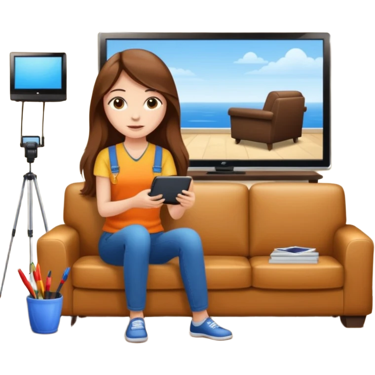 beautiful girl with long brown hair constructing new lounge room area with flat screen tv and couch emoji