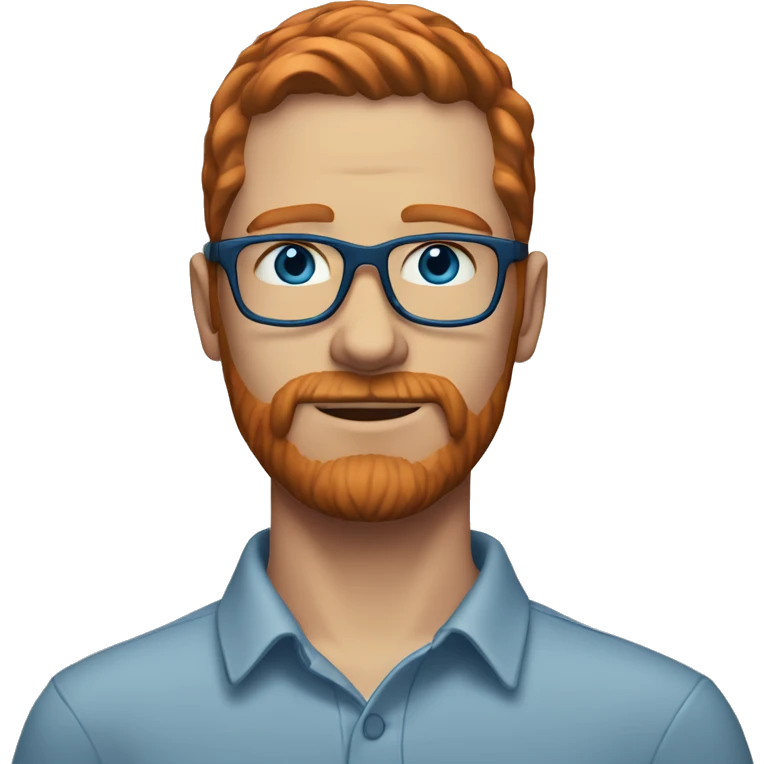 35 year old, male, red hair, pale, thick beard, blue eyes, white glasses emoji