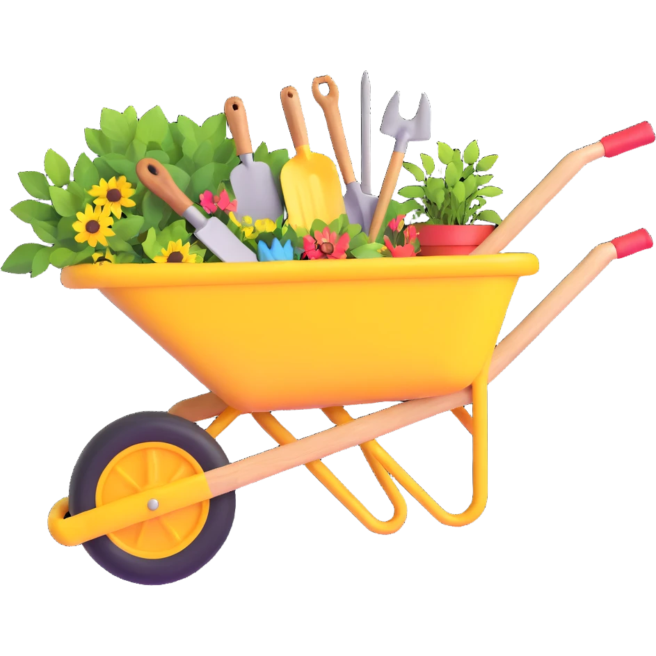 wheelbarrow with gardening tools emoji