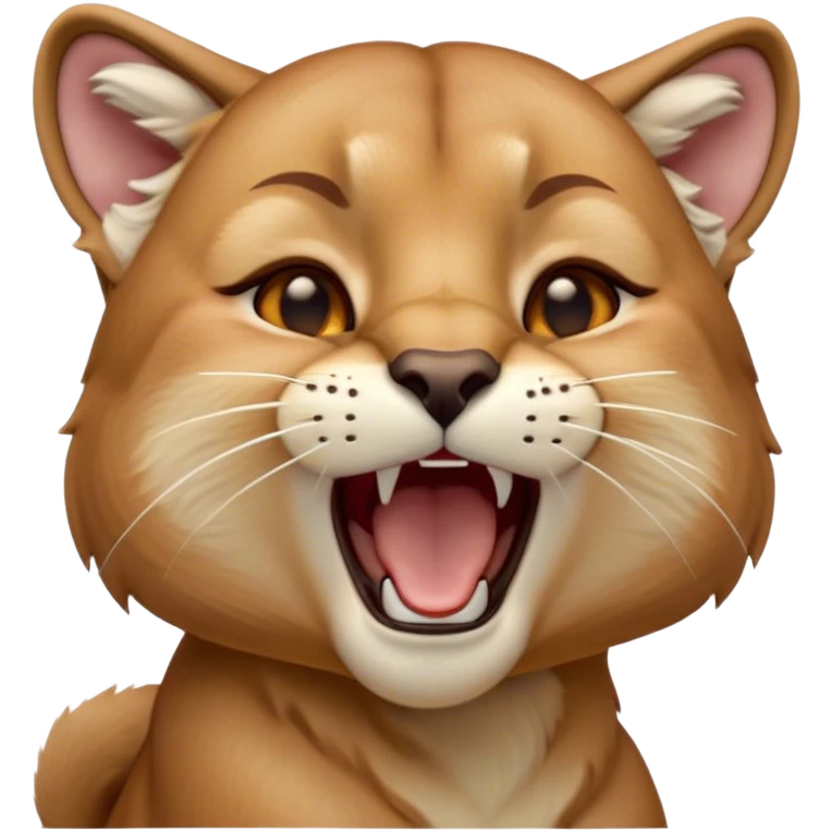 Cinematic Cute Yawning Cougar Portrait Emoji, Head tilted slightly with a dramatic, wide-open yawn, showcasing a soft, sleek tawny Fur with gently drooping ears, round amber eyes barely open in drowsy contentment, Simplified yet irresistibly adorable features, highly detailed, glowing with a soft, cozy glow, high shine, relaxed yet expressive, stylized with a touch of wild whimsy, bright and endearing, soft glowing outline, capturing the essence of a sleepy yet affectionate cougar, so drowsy it feels like it could stretch out of the screen and curl up for a nap! emoji