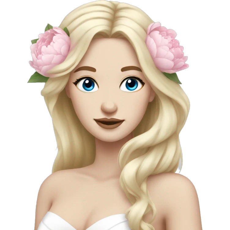 White bride with long light blonde hair and blue eyes with light pink peonies in hair white skin  emoji
