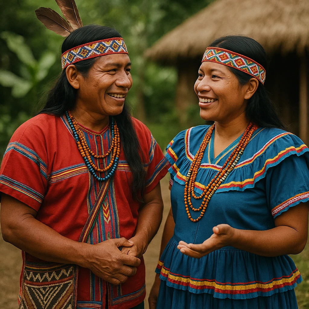 Two indigenous people from Costa Rica, a man and a woman, chatting together with details of culture and traditional Costa Rican clothing. emoji