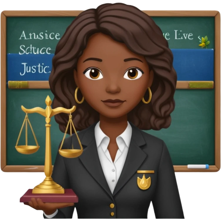 Black teacher/professor looking like the fictional character Annalise Keating from How To Get Away With Murder, holding a statue of justice and with a school black board in the background emoji