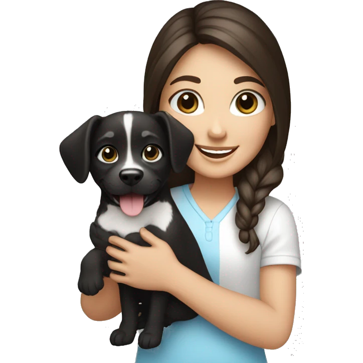 happy brunette girl with blue eyes holding a small black and white dog emoji