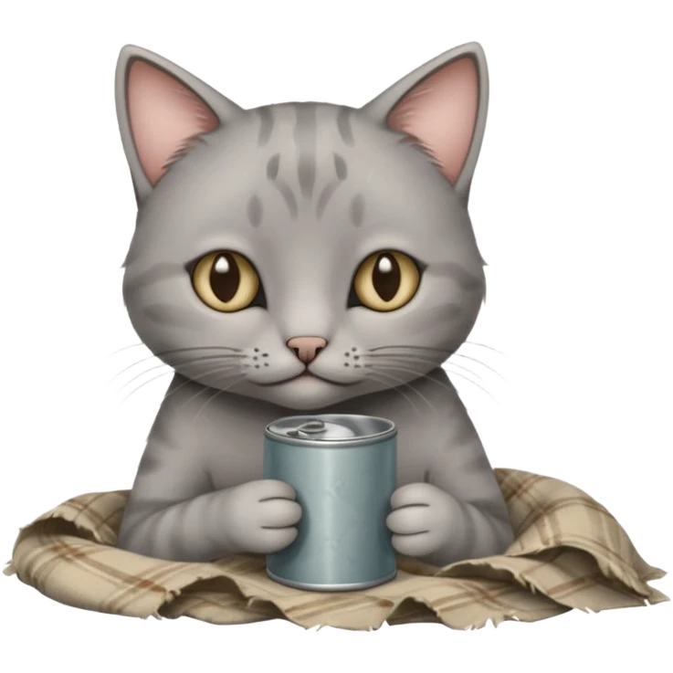 A thin grey cat curled on an old blanket, holding a tiny tin cup with its paws while looking shy but sweet.
 emoji