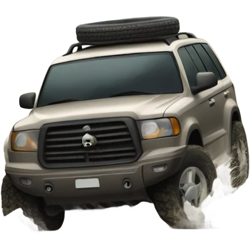 An SUV facing a road full of mud and rocks, with big tires and mud splashing around, showing resistance and adaptability. emoji