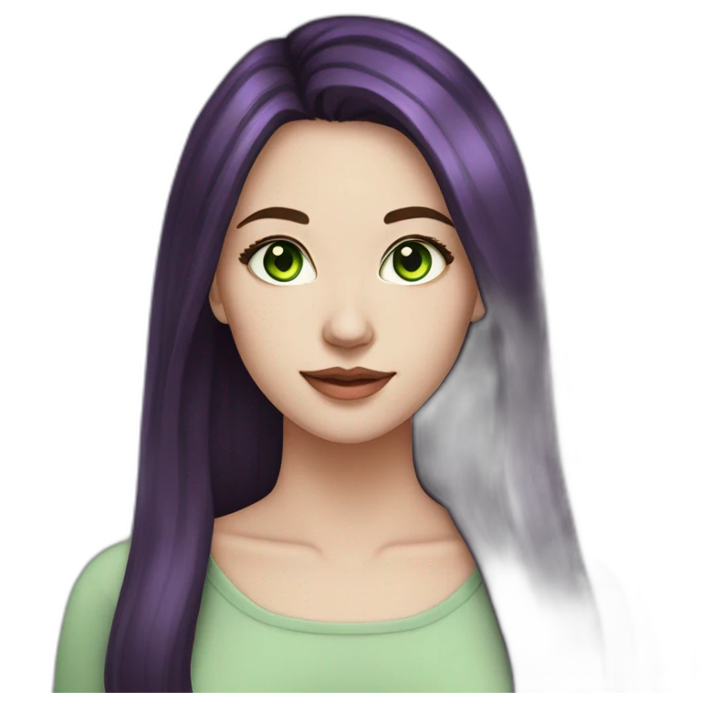 young adult woman with dark hair and purple highlights pale skin green eyes emoji