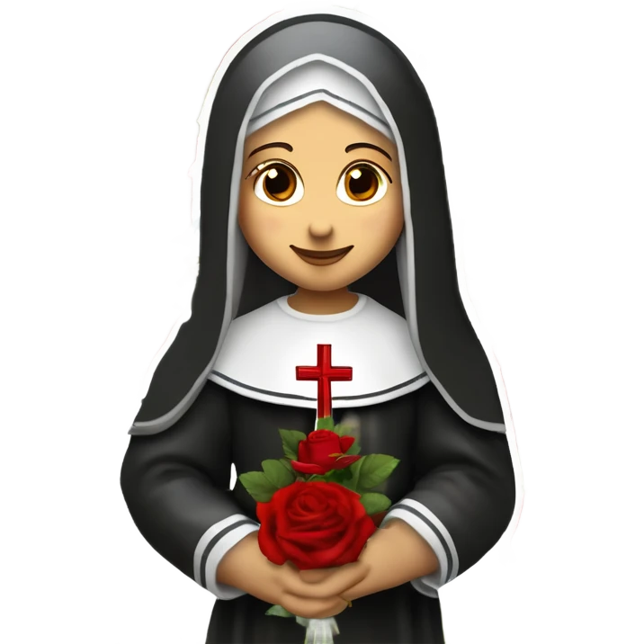 Sainte Therese de Lisieux avec petit sourire complice portant un bouquet de Roses rouges et un crucifix avec Jésus vrai visage de Sainte Thérèse de Lisieux française vue de 3/4 emoji