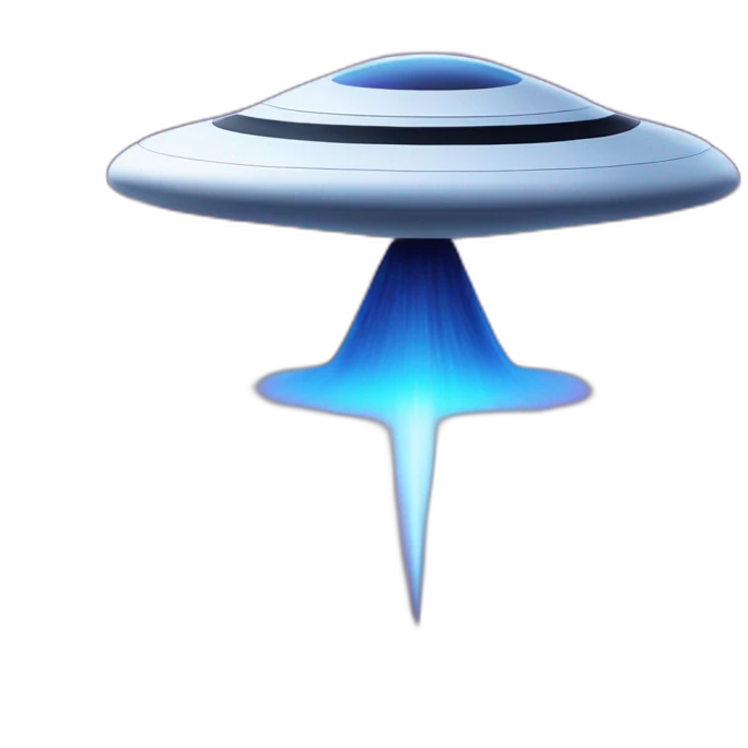 A simple flying object resembling a UFO with a blue trail behind and violet windows emoji