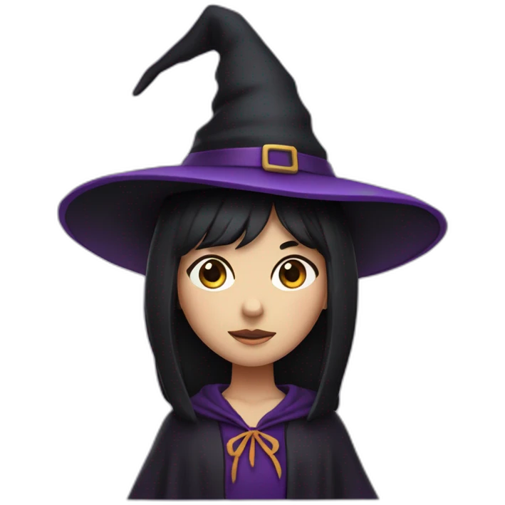 a young white-brown thin girl with straight black hair dressed as a witch with purple hat emoji