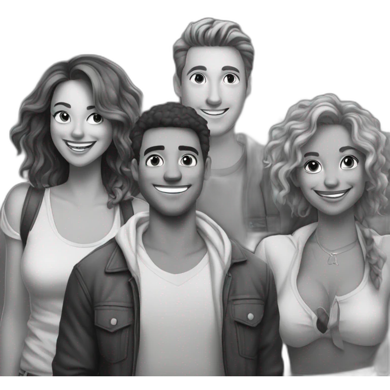  group of friends with a lot of money, make the image look comic style and be in black and white emoji