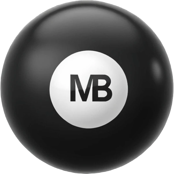 Pool ball back ball with the “MB” written on it. emoji