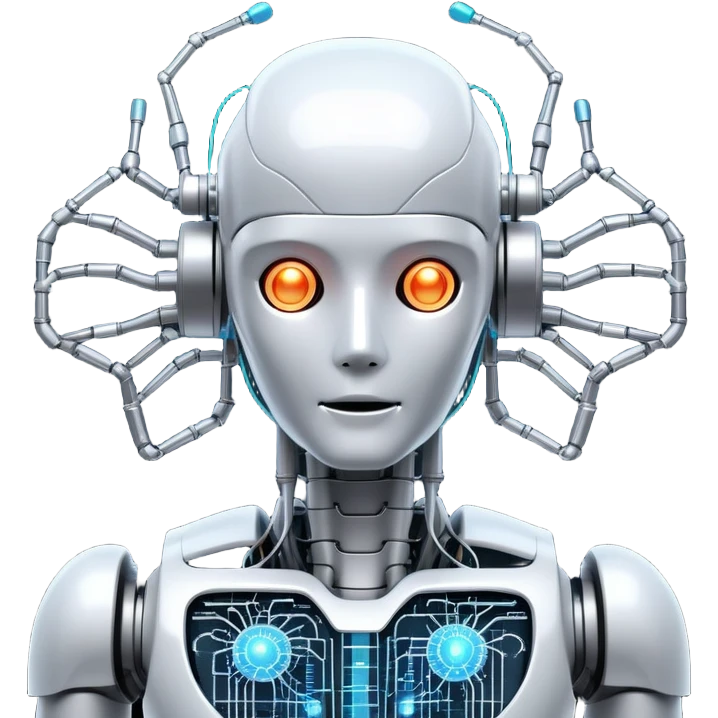 An icon featuring a humanoid robot, a neural network diagram, and a glowing brain, symbolizing artificial intelligence. The design includes binary code, a microchip, and data flow lines, representing machine learning, automation, and innovation. Transparent background emoji