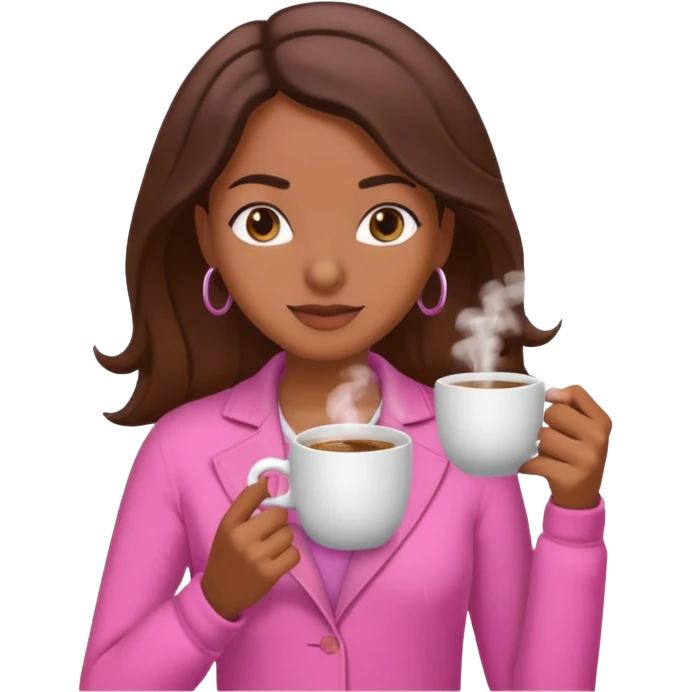 Mulher morena tomando café  com roupa rosa esfriando o café  emoji