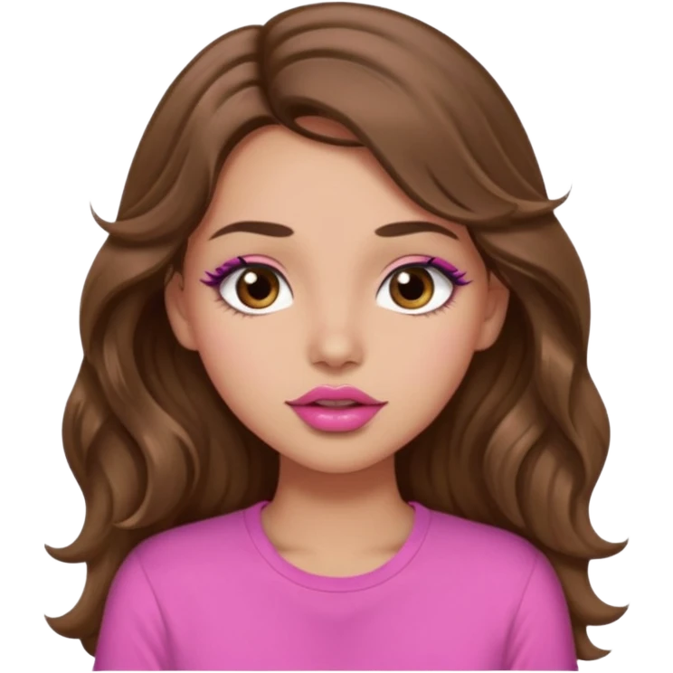 girl with long wavy brown hair, brown eyes, light to medium complexion, in a pink shirt, pink lips, long lashes, puckering up for a kiss emoji