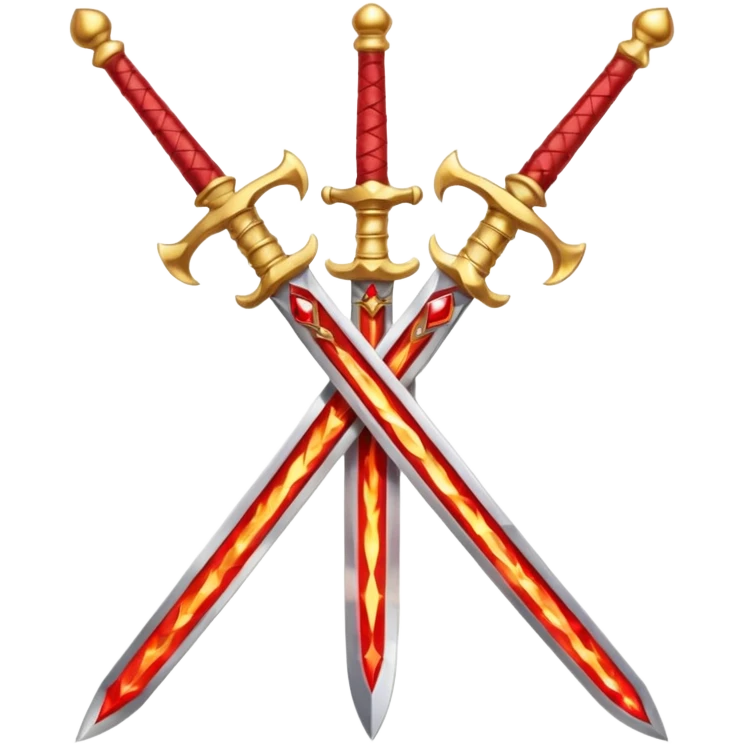 Two crossed swords that are golden in blade and handle and have fiery and royal appearence to them as well as red gem stones emoji