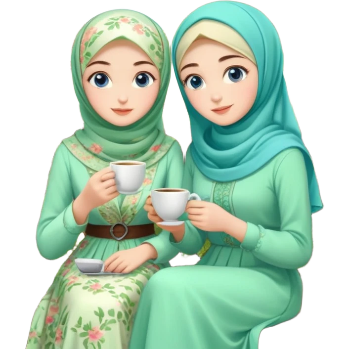Turkish beautiful finish Konya girls blue eyes with Beautiful light green floral hijab long tail dress and the two friends in a lovely garden sits on the chair on the ground and holds cup coffe with her hand  emoji