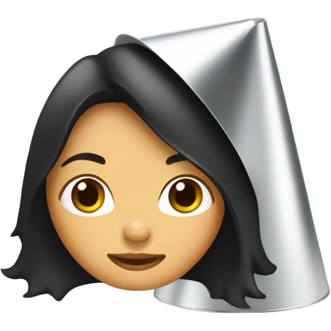 Girl with shoulder-length black hair wearing an aluminum foil cone hat emoji