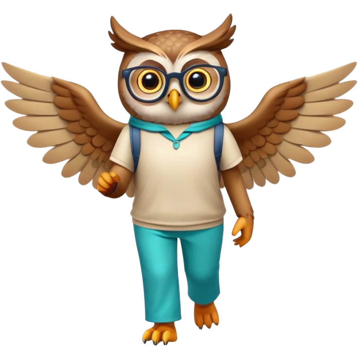 friendly anthropomorphised owl with wings instead of arms, colourful pants and shirt, wearing glasses, walking upright, unique pose 2 emoji