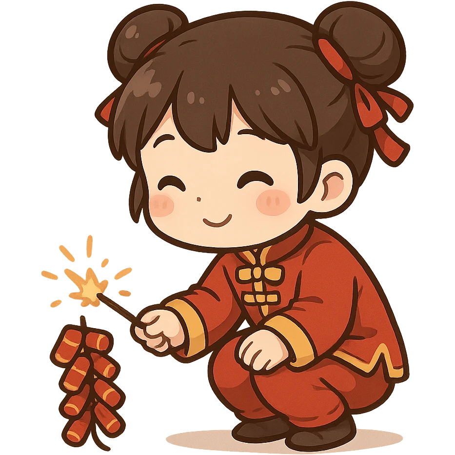 一个可爱的小女孩身穿着新年服装，蹲着点炮竹 emoji