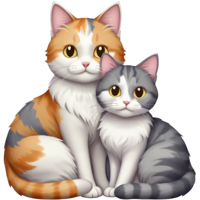 full body colourful light patched calico + white tabby cat cuddling a large grey and white cat  emoji