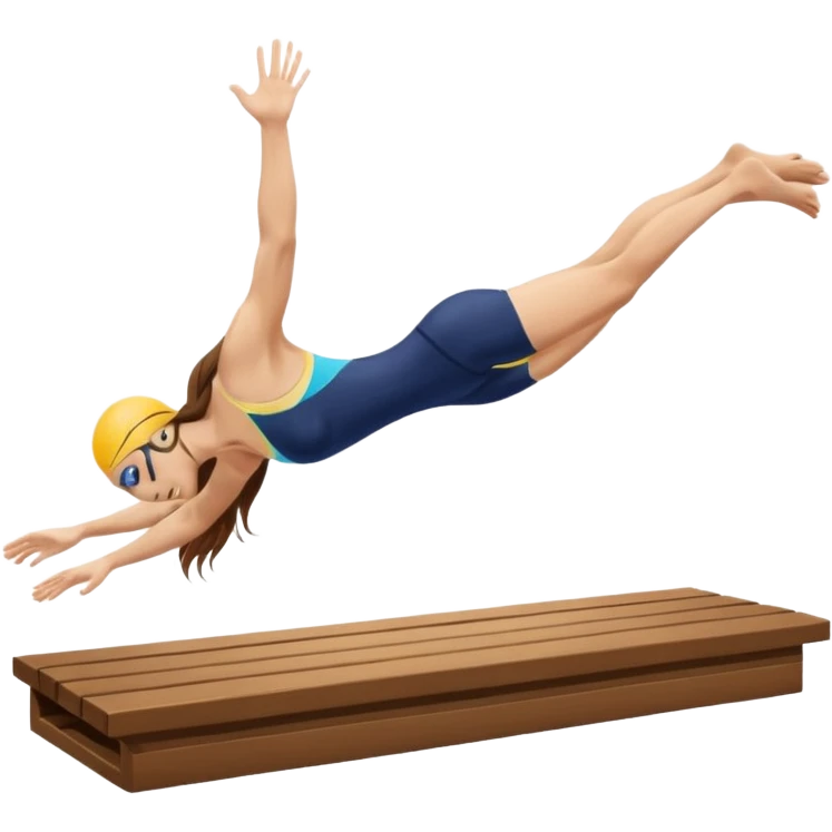 A swimmer is about to dive into the pool. She is in the pose of diving in the air with the hands above the head. Her hair are brown and long. she jumps from a plank emoji