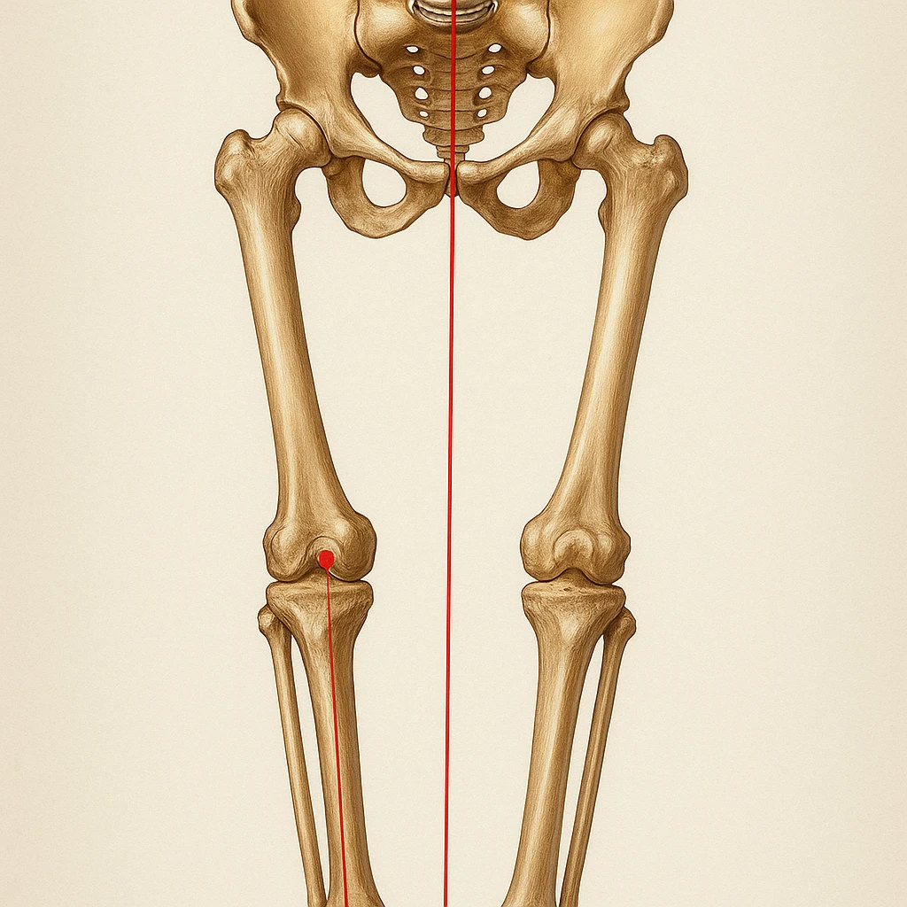Hyperrealistic anatomical illustration 4K, rear view, 1:1 proportion, normal knee seen from the front, pelvis bones, femur, tibia, and fibula clearly highlighted, red mechanical axis line, realistic details, medical style, neutral background. emoji