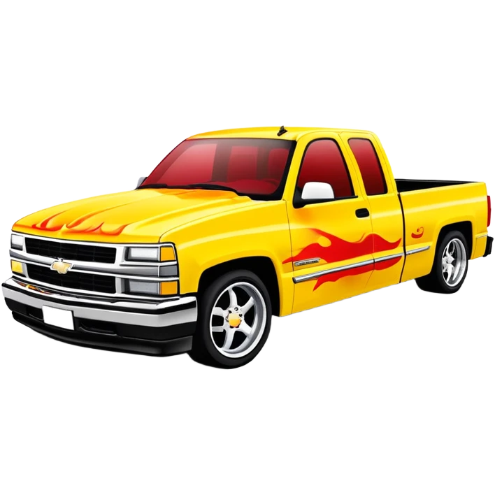 Bright yellow 1997 Chevy Silverado with custom airbrushed red flame paint job on hood extending to sides, exactly as in Kill Bill 'Pussy Wagon', 30-degree angle, iOS emoji style emoji