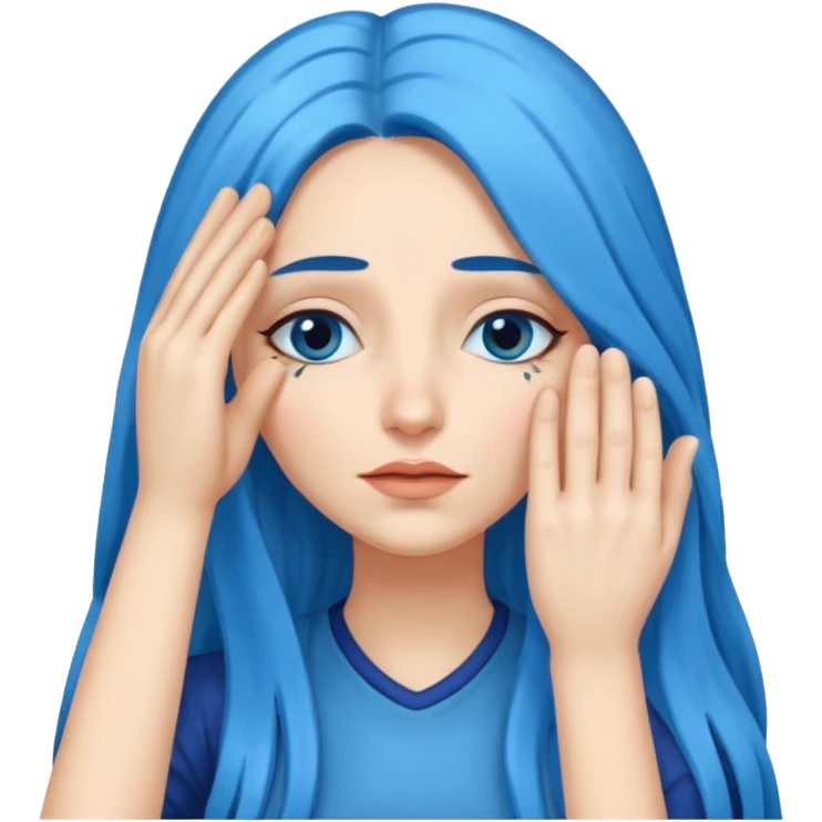 Woman with hand over eyes with long blue hair emoji