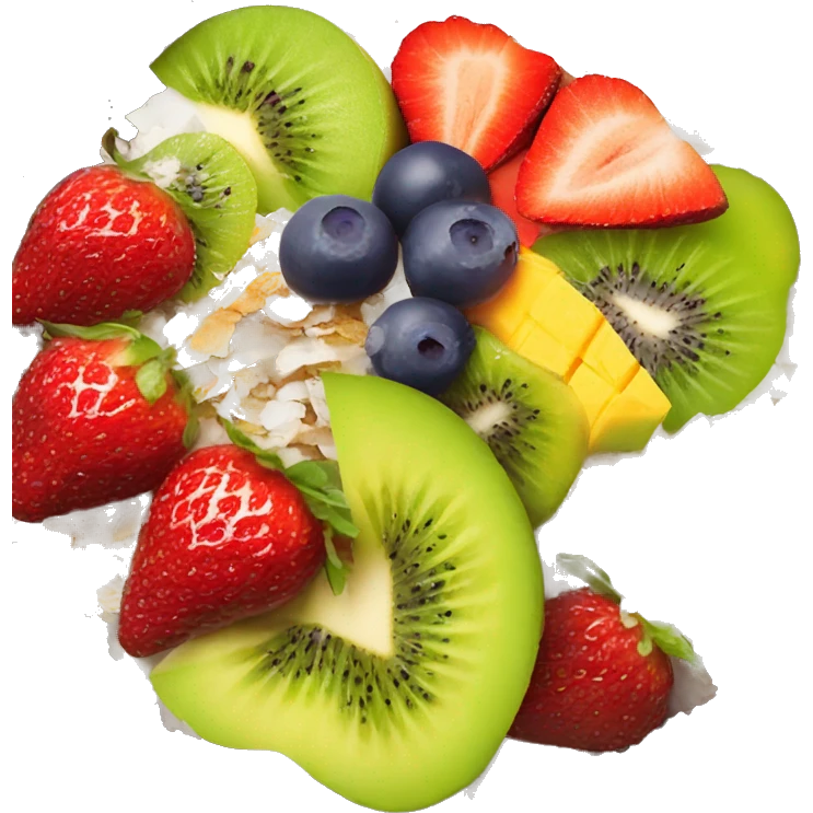 acai bowl with strawberries/ mango/ kiwi/ and coconut flakes emoji
