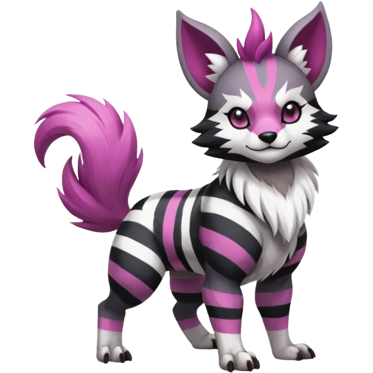 Black and white-striped Colorful Skilled Adept Graceful Asian Painted WereGarurumon-Meloetta-Obstagoon-Furret-fusion-hybrid-creature (full body) with a magenta accent, tufted ears emoji