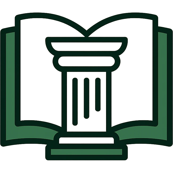 Change the mark to a forest green and cream color scheme, retaining a sophisticated legal consulting mark with open book and column. emoji