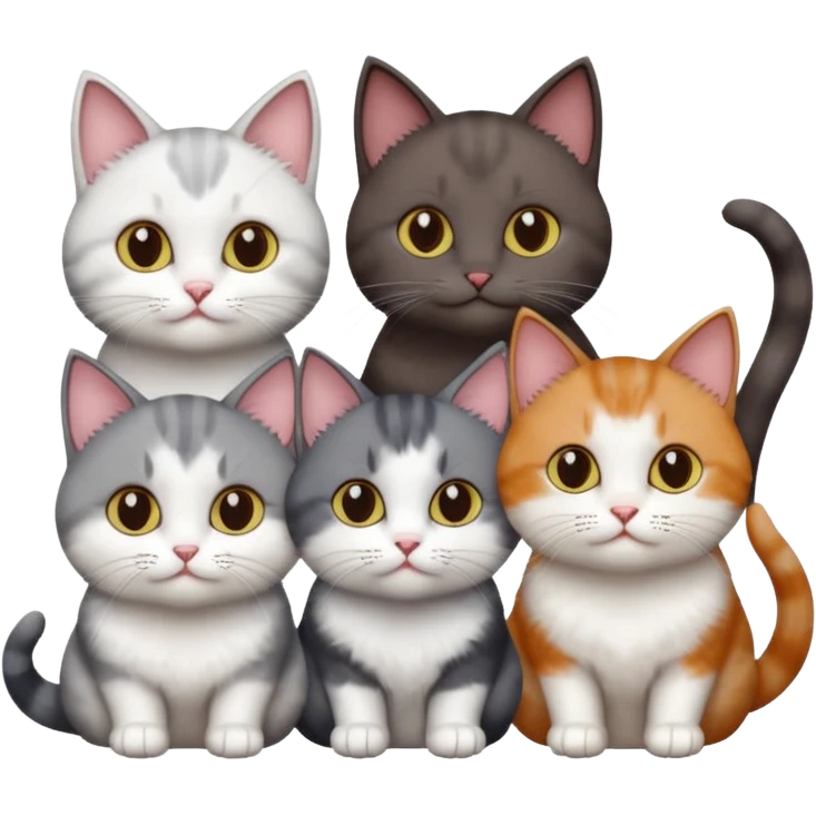4 different coloured short haired cats including; a dark brown and white cat, and a dark grey and white  emoji