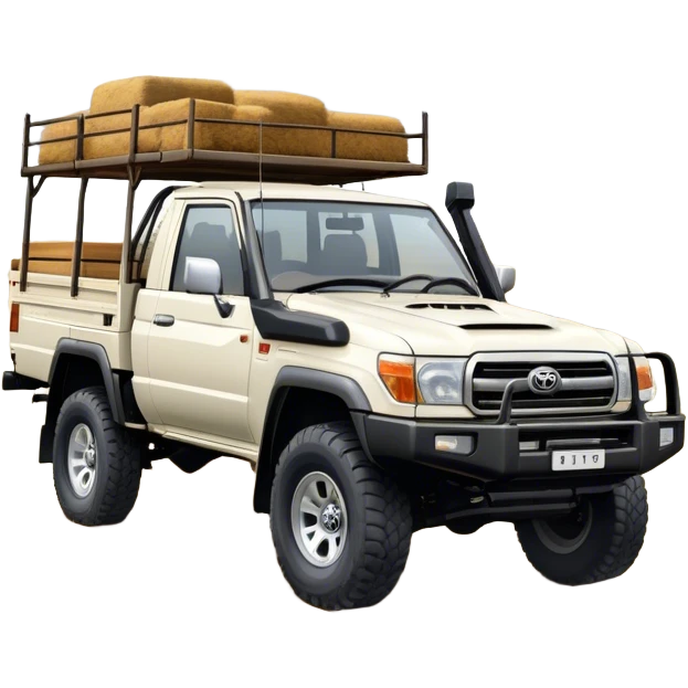 Toyota LandCruiser 70 Series (2021) – Cinematic-realistic Toyota LandCruiser 70 Series ute, its rugged white frame bouncing over rough farm tracks. Dust billows behind as the vehicle powers across dry paddocks, a trusty farm dog perched in the tray, scanning the horizon. emoji