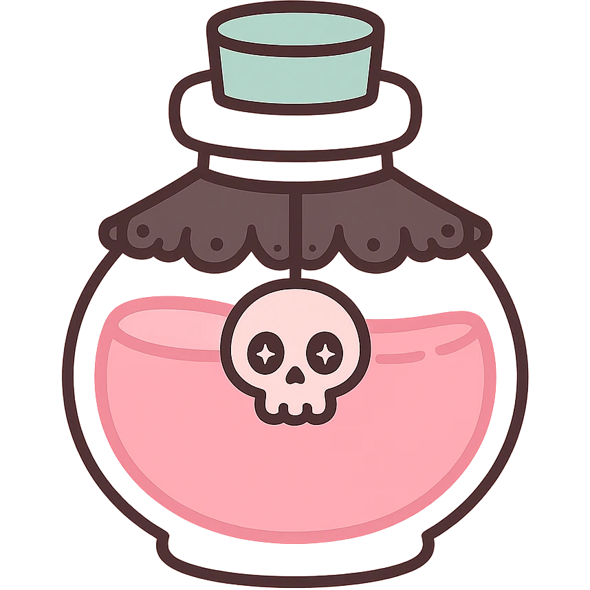 a pink potion bottle with gothic decorations, black lace, and a skull motif emoji