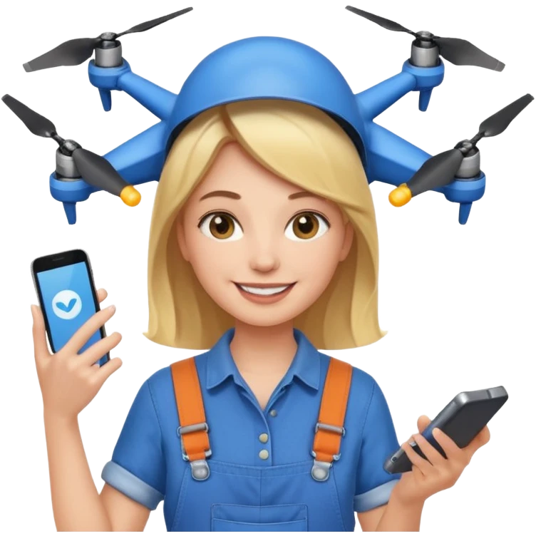smiling woman in overalls holding a phone with a drone hovering behind her, emoji style emoji