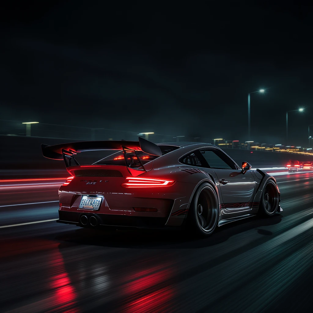 Shot and Directed by Quentin Tarantino, Cinematic still of a porsche 911, gt3 rs, night photo, red lights and blue bright night  emoji