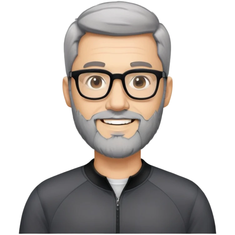 Light-skinned man with short black hair styled upwards, full short graying beard, smiling, wearing large black-framed glasses and a black long-sleeve sports shirt with zip at the neck emoji