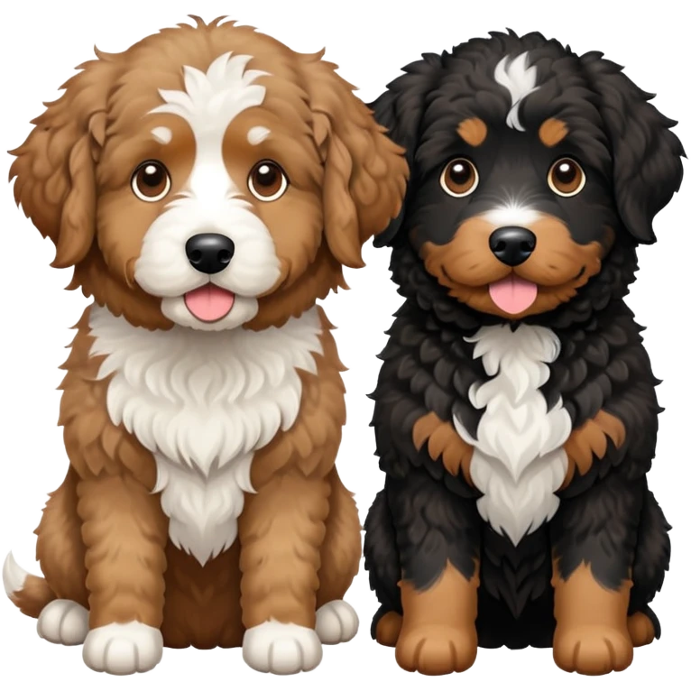 2 dogs, one is a light brown Aussie doodle. the other is a All black Berenedoodle with white eyebrows . Make both same size emoji