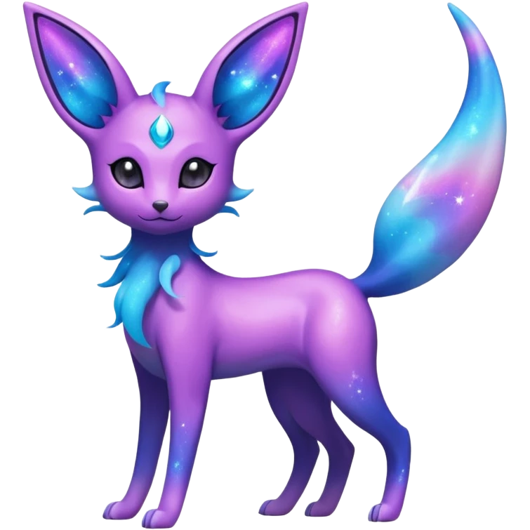 Shiny Iridescent Nebulae Espeon-Umbreon-Sylveon-Dragonair-Fakémon-hybrid-creature (full body)  with a galaxy-dust-flowing-gradient-tail emoji