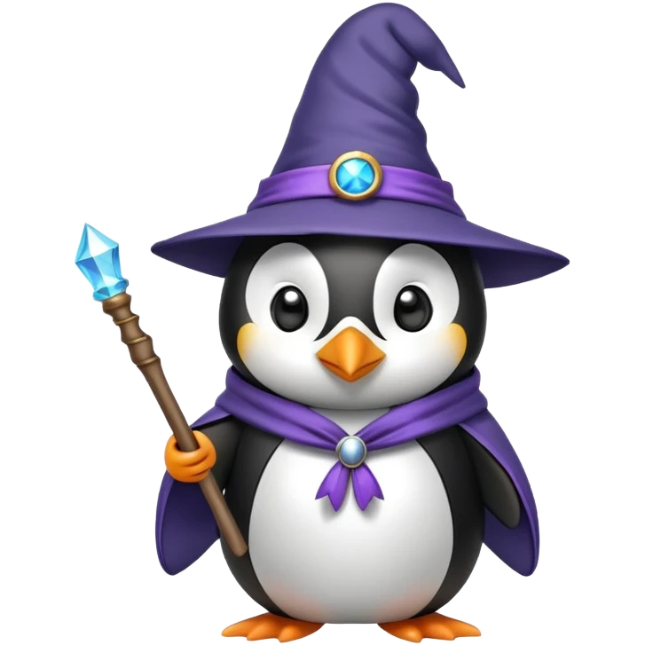 penguin wearing a wizard hat and robe, holding a magic wand emoji