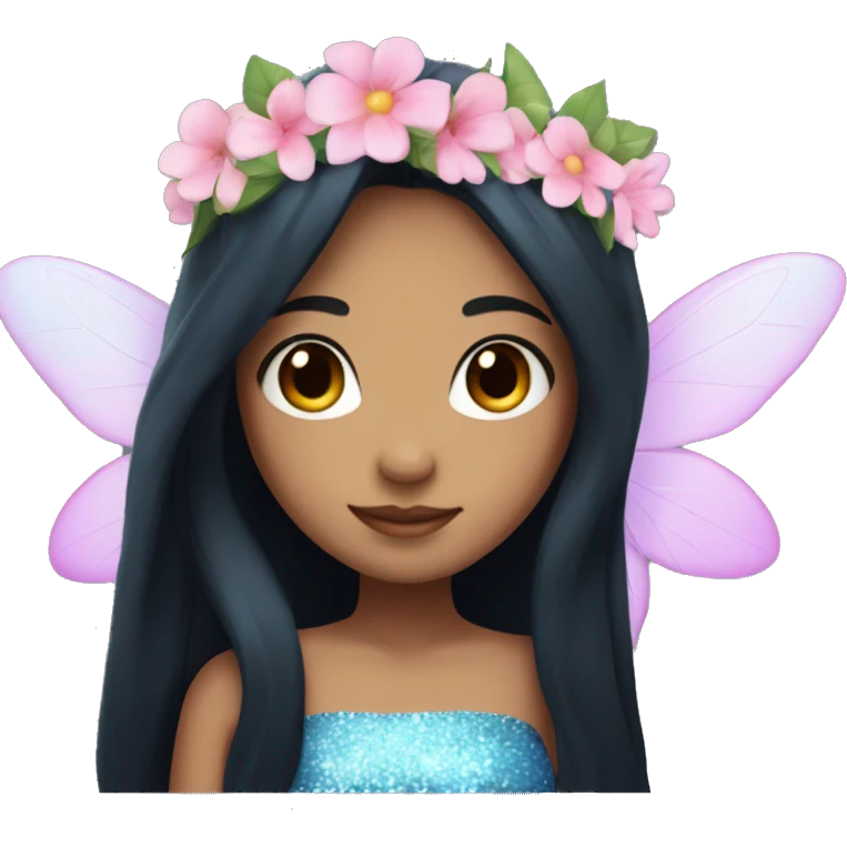 Fairy girl with straight long black hair, blue eyes, medium light skin, sparkly wings, a pink and blue dress and a flower crown emoji