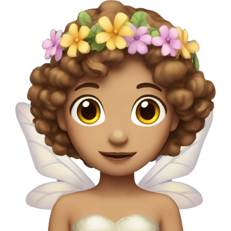 Fairy with brown hair, sparkly wings and flower crown emoji