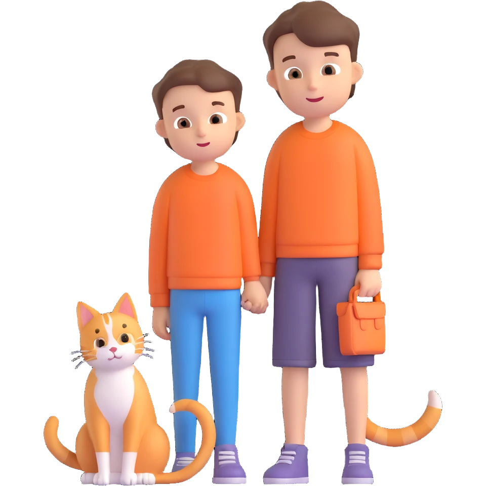 boy and cat pet in forrest background, close up pose emoji