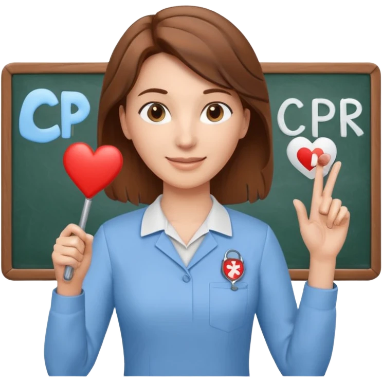 Happy Teacher, female, brown hair up, holding a pointer to a white board with a CPR logo. emoji