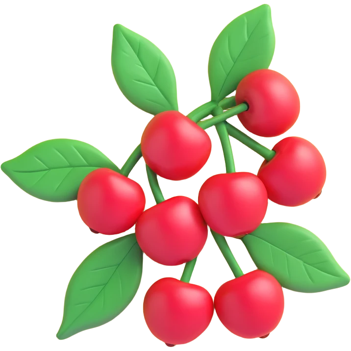 A branch with five cherries and green leaves, transparent background. iOS 3D style with soft shapes, smooth shadows, plasticine 3D effect, and bright colors. emoji