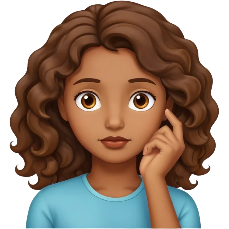 emoji de menina morena com cabelo ondulado com a mão no queixo pensando emoji